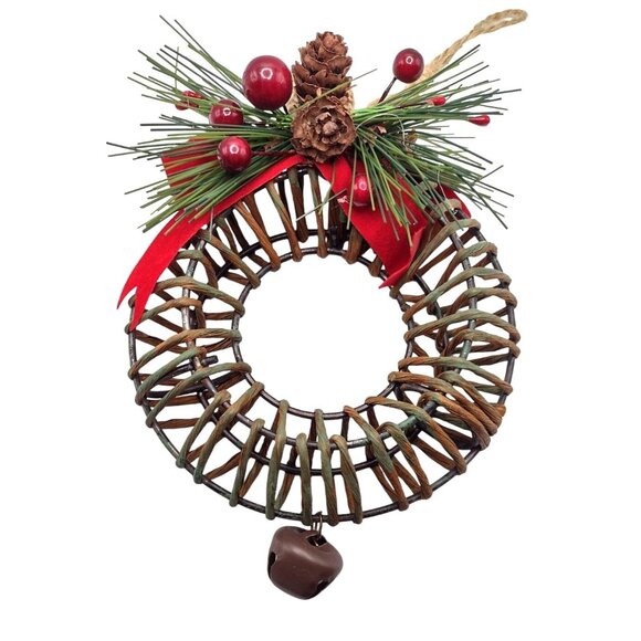 Vintage Large Rustic Woven Wreath Christmas Ornament Pine Cones & Bells 6" - Picture 1 of 6